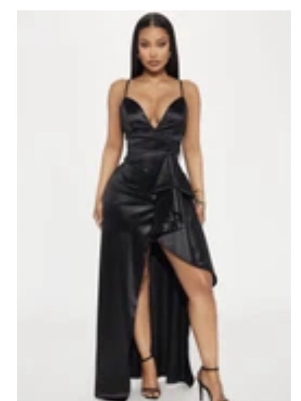 Fashion Nova Black Satin High-Low Ruched Evening Gown